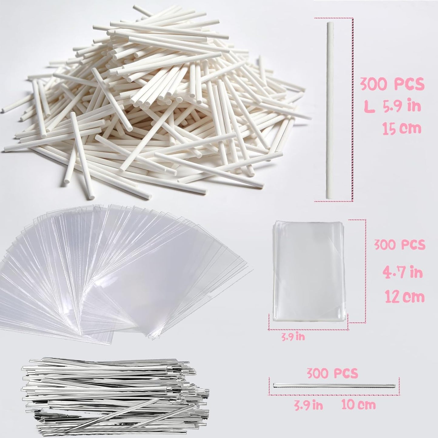 Basquei Cake Pop Sticks 6 Inches, Cake Pop Bags (3.9"X4.7"), Pink Metallic Twist Ties, 300 Pcs Cake Pop Kit Used for, Lollipops Cake, Candies, Chocolates Making Tools