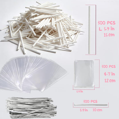 Basquei Cake Pop Sticks 6 Inches, Cake Pop Bags (3.9"X4.7"), Pink Metallic Twist Ties, 300 Pcs Cake Pop Kit Used for, Lollipops Cake, Candies, Chocolates Making Tools