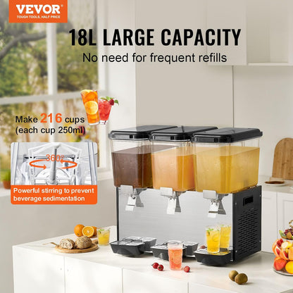 VEVOR Commercial Beverage Dispenser, 2 Tanks 18 L / 19 QT Per Tank Juice Dispenser, 370W Stainless Steel Ice Tea Drink Machine with 45°F-54°F Cooling Temperature, for Cold Drink Restaurant Bar Party