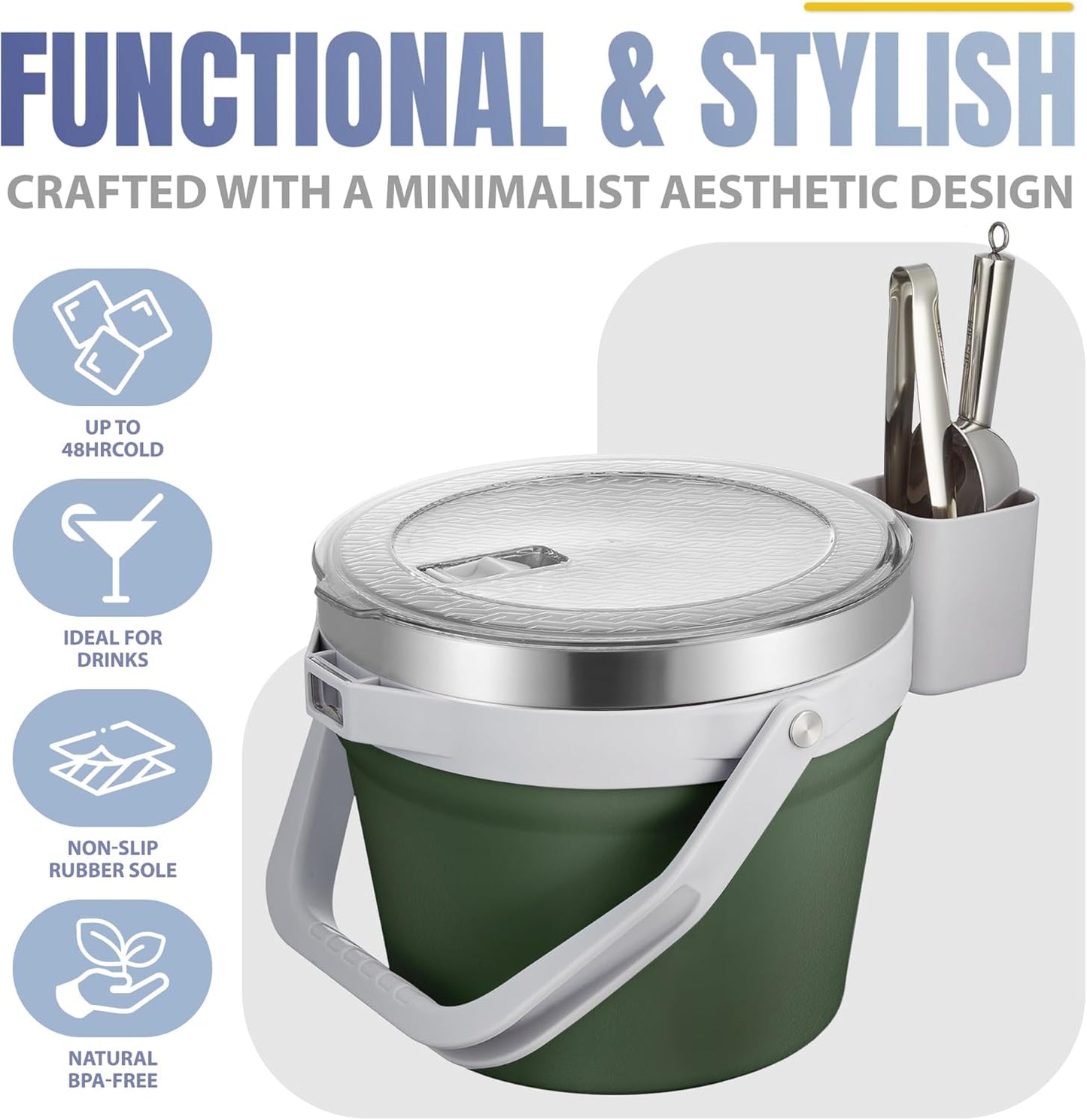 COKTIK 7L Vacuum Insulated Ice Bucket with Lid and Scoop& Tongs，Large capacity Stainless Steel Beverage Bucket for Cocktail, Champagne, Wine, Beer，Large Parties（Milk White Suit）