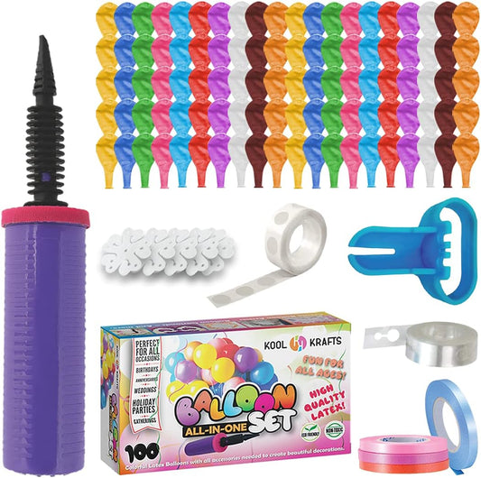 113 Piece 12 Inch Balloon kit | With Hand Pump | 100 Colorful Balloons | Roll Arch Strip for Garland | 100 Glue Dots Double Sided | 4 Colored Balloon Ribbon | 5 Flower Clip | 1 Tying Tool