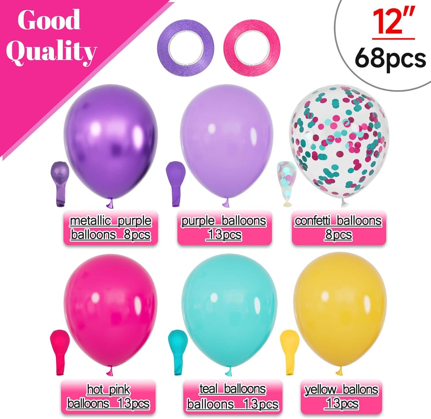 68Pcs Pink and Purple Balloons 12 Inch Metallic Purple Pink Latex Balloon Confetti ballons with Ribbons Party Balloons for Wedding Girls Birthday Baby Shower Decorations.