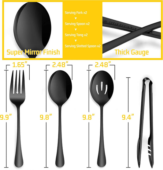 Large Black Serving Utensils Set of 12, E-far Stainless Steel 9.8 Inch Serving Spoons Slotted Spoon, 9.9 Inch Forks, 9.4 Inch Tong for Buffet Catering, Mirror Finish & Dishwasher Safe