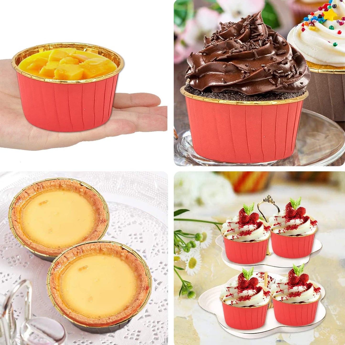 Cupcake Liners with Lids 50 Pack,LNYZQUS 5oz Large Foil Cupcake Cups Muffin Tins,Disposable Baking Cups Muffin Liners Wrappers Holders for Wedding Valentine-Pink in gold