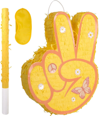 Two Groovy Pinata - Groovy Pinata with Blindfold and Bat for Kids Groovy Hippie Theme Birthday Party Game Decorations (Small Size 16”x12”x3”)