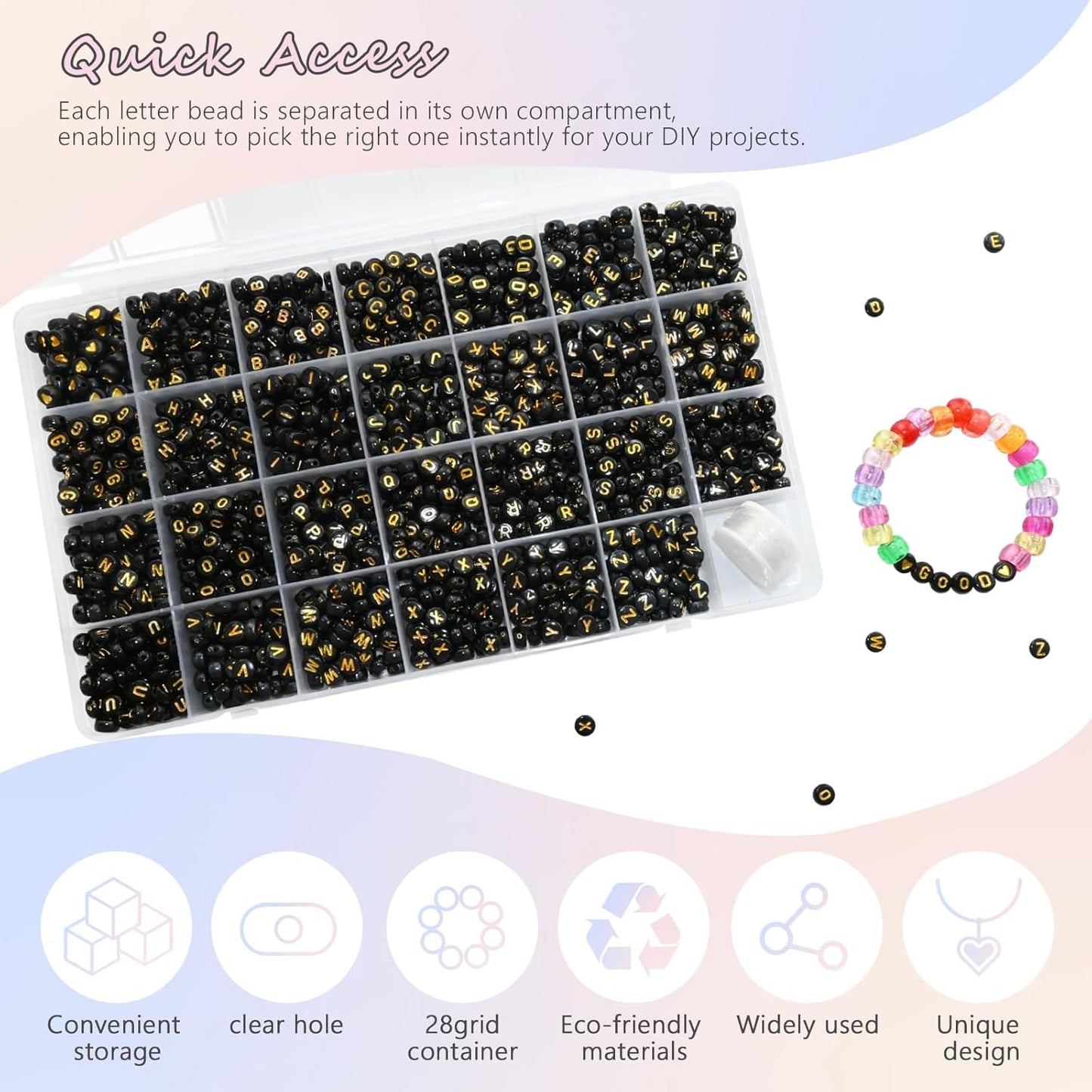 Amaney 1400pcs Glow Letter Beads, Heart Beads Whit Elastic Beading Cord,4x7mm Round Acrylic Alphabet Beads for Friend Bracelet Jewelry Making