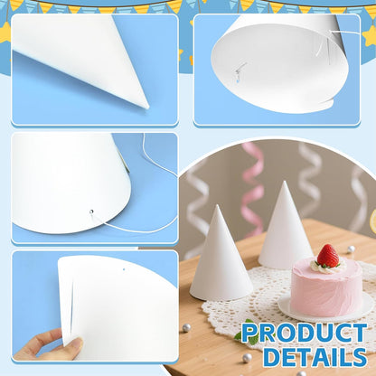 WEOXPR White Paper Party Hats for Birthday,Decorative Bulk Cone Hat for Adults Art DIY, Halloween Supplies（10/20/40/60）