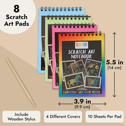 8 Pack Rainbow Scratch Paper Pads for Kids with Wooden Styluses, 10 Sheets (5.5 x 3.9 In)