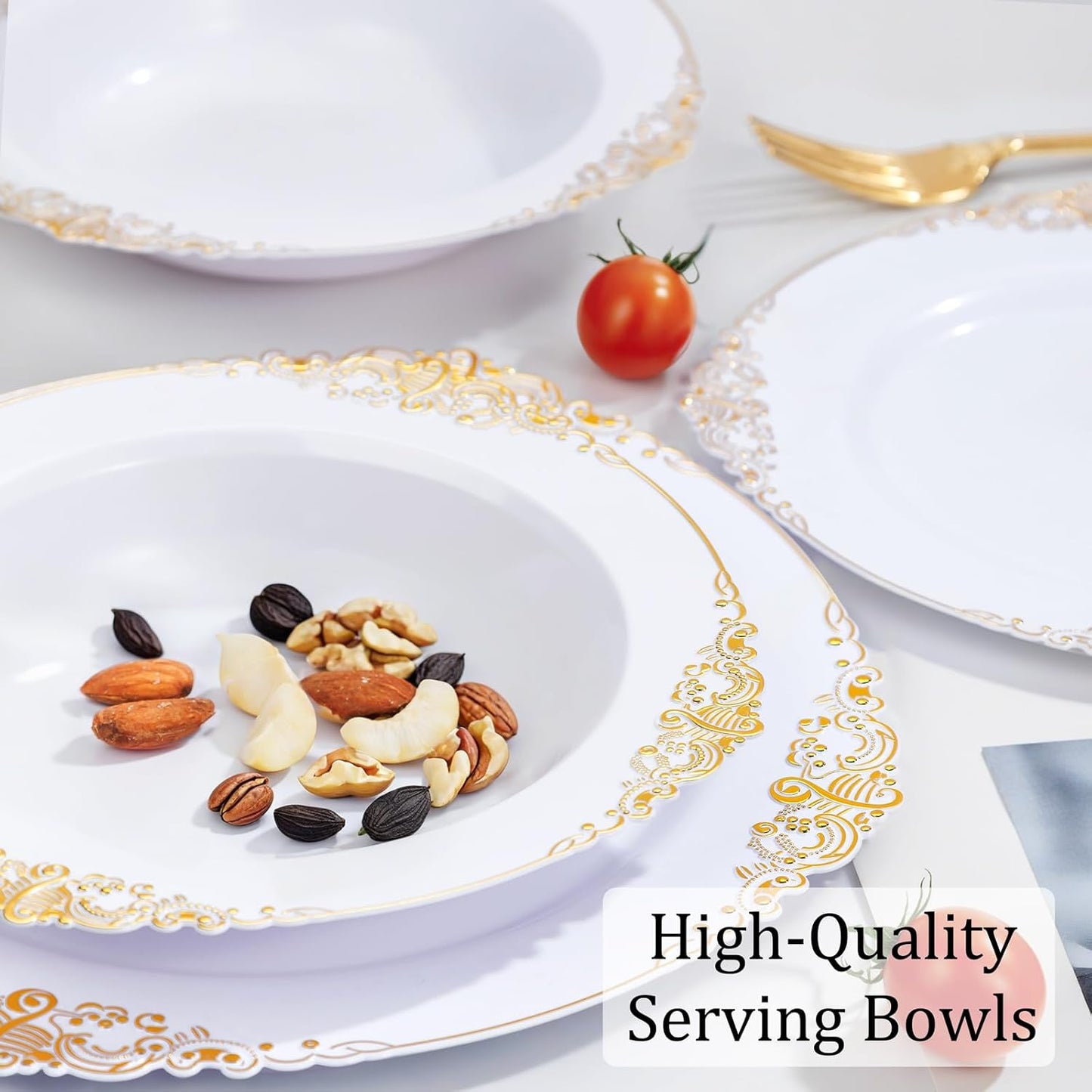 Nervure 50 Pack White Plastic Bowls with Gold Rim - 12oz Disposable Soup Bowls - Heavy Duty Dessert Bowl, Salad Bowl Perfect for Weddings, Parties, Mothers Day