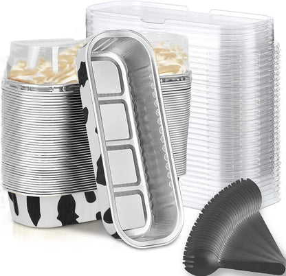 Findful Mini Loaf Baking Pans with Lids and Spoons (50 Pack, 6.8oz) Rectangle Aluminum Foil Baking Pans Tins Containers - Cupcake Containers Wrappers Cheesecake Creme Brulee Ramekins