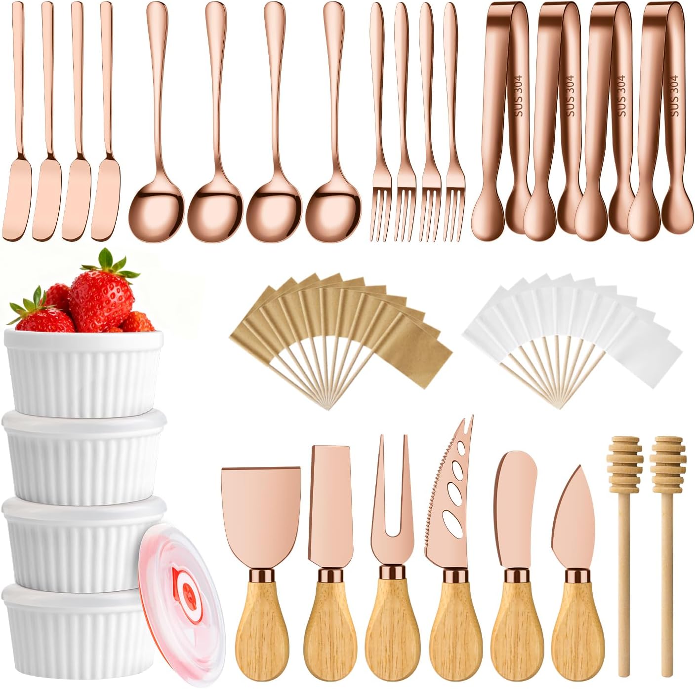 Gold Charcuterie Boards Accessories Bowls Utensils, Cheese Knife Set Mini Butter Spreader, Serving Tongs, Forks, Spoons, Dipping Bowls with Lids, Toothpick Flag, Honey Dippers for Party Platter Making