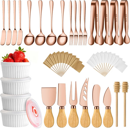 Gold Charcuterie Boards Accessories Bowls Utensils, Cheese Knife Set Mini Butter Spreader, Serving Tongs, Forks, Spoons, Dipping Bowls with Lids, Toothpick Flag, Honey Dippers for Party Platter Making