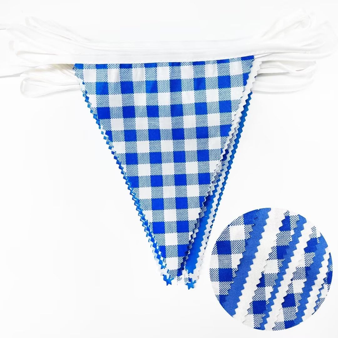 32Ft Dusty Blue Party Decorations Retro Blue Gingham Triangle Banner Flag Pennant Fabric Garland Streamers for Nautical Wedding Birthday Ahoy Achor Bridal Baby Shower Under The Sea Decor Supplies