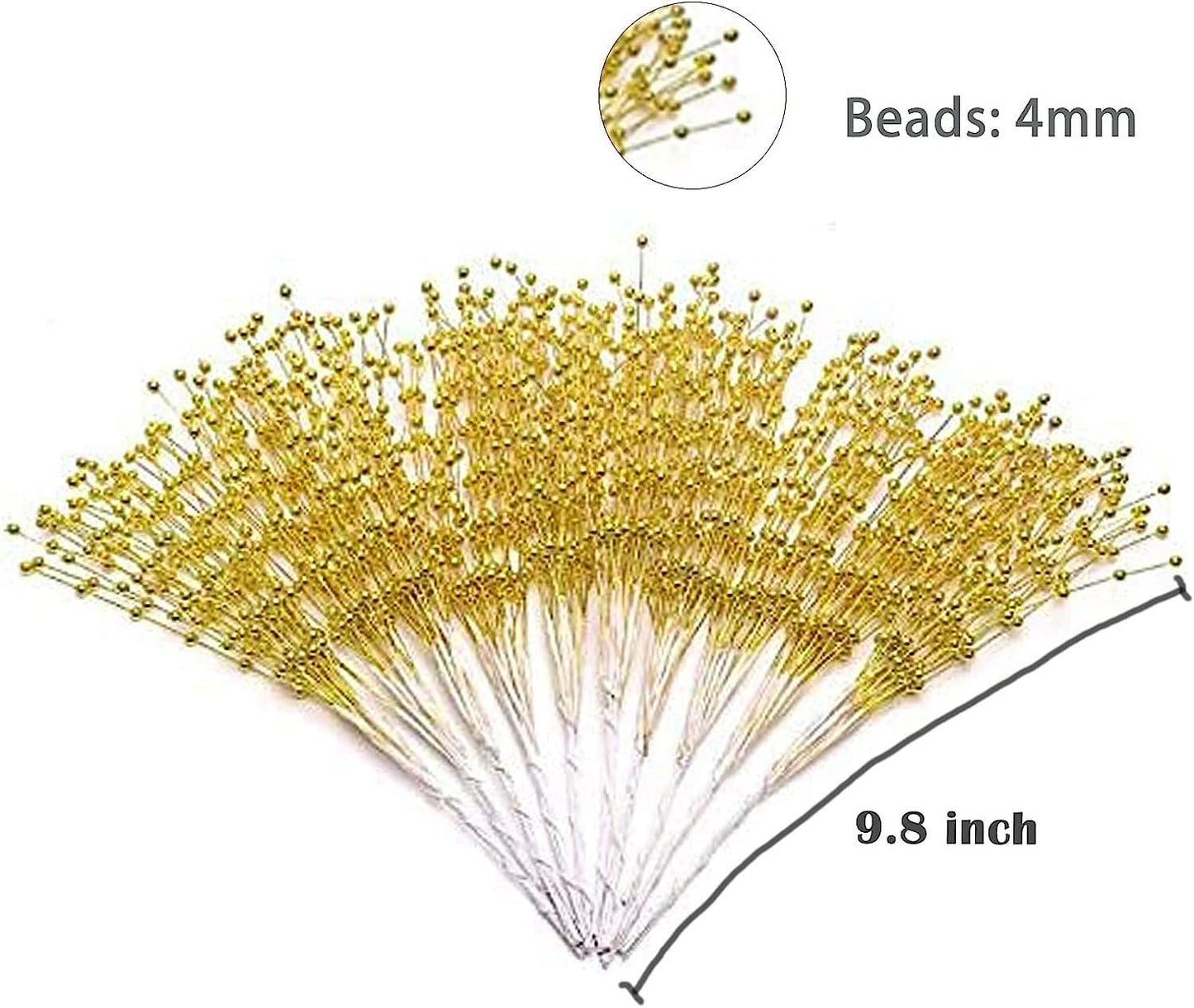 50pcs 4mm Pearls String Beaded Bouquet Spray Sticks for Bridal Beaded Wedding Party Table Decorations Mother's Day Decor (Gold)