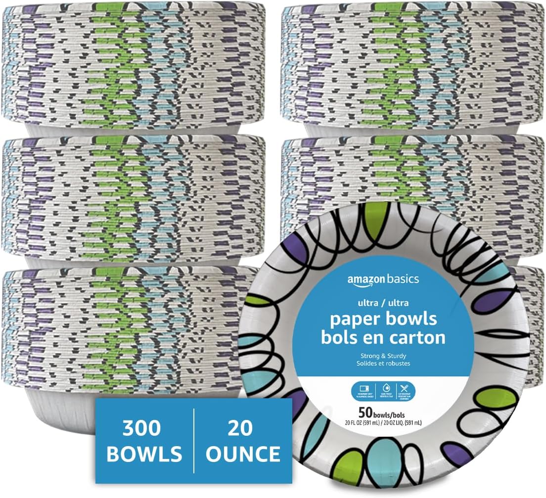 Amazon Basics Ultra Disposable Paper Bowls, 20 Oz, Microwave Safe, Soak Proof, Strong & Sturdy, White, 50 Count