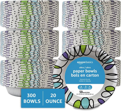 Amazon Basics Ultra Disposable Paper Bowls, 20 Oz, Microwave Safe, Soak Proof, Strong & Sturdy, White, 50 Count