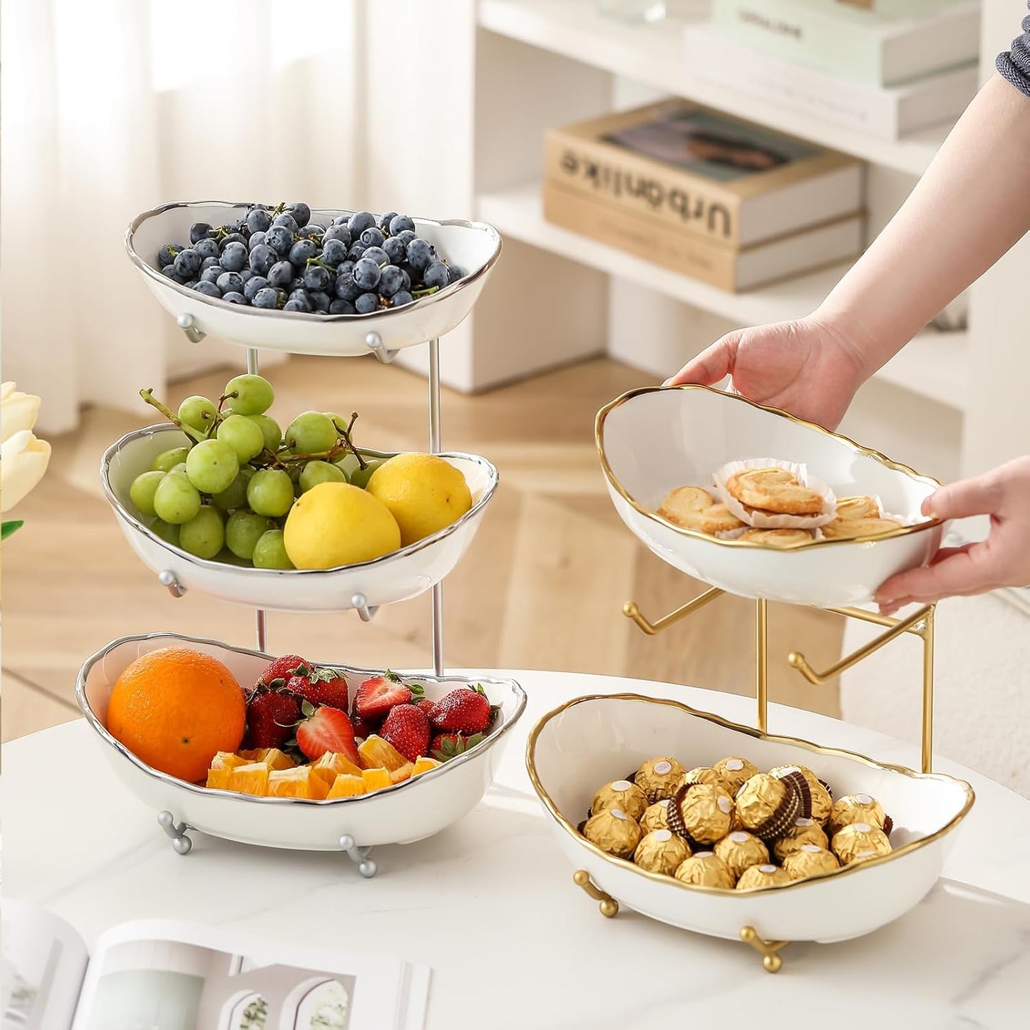 Ceramic Fruit Bowl for Kitchen Counter - 3 Tier Fruit Basket with Metal Stand, Tiered Fruit Stand for Countertop, Snack, Nuts, Cake, Dessert, Cute (Gold, Small) 1