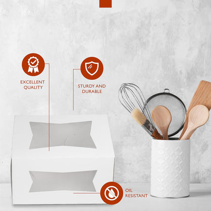 Fit Meal Prep 25 Pack Cake Boxes with Window 8 x 8 x 4 Inches Auto Pop-Up White Bakery Containers for Dessert, Cookies and Pastries, Treat Boxes Gift Packaging Boxes for Valentine's Day, Christmas