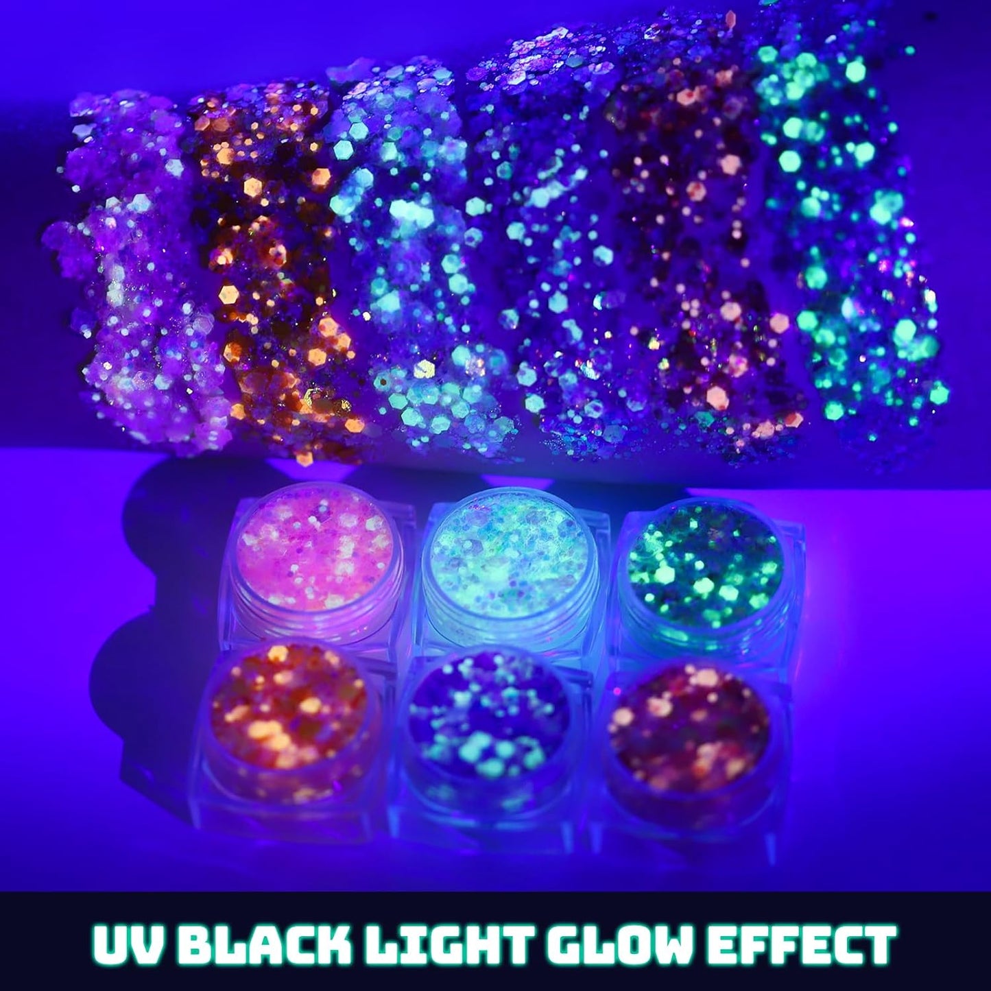 Teenitor 6 Colors Glow in The Dark Glitter Gel, Face Glitter Gel, Body Glitter Hair Glitter for Carnival Makeup UV Black Light Party Cheer Raves Festivals