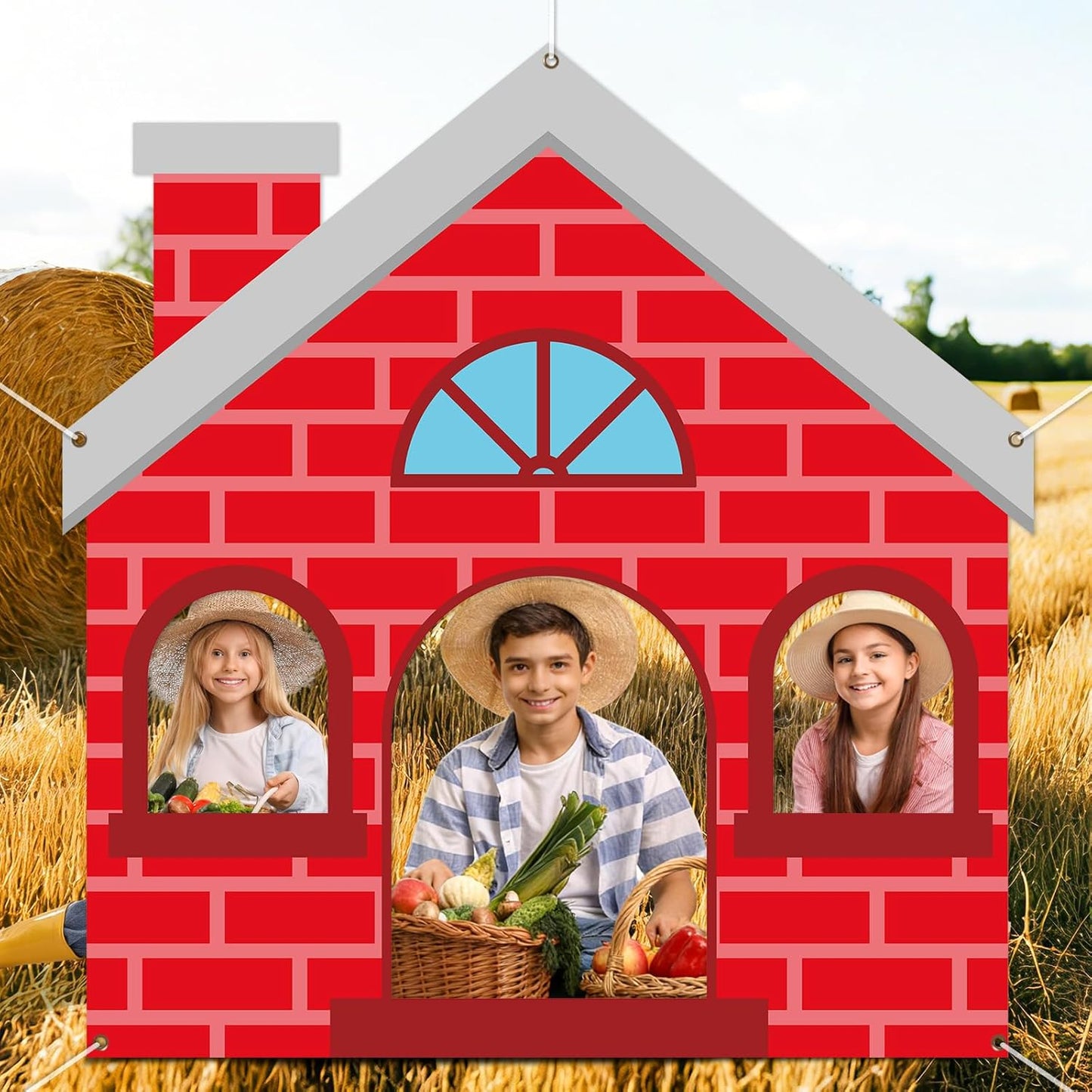 Large Red Brick House Photo Prop Red Brick House Shaped Selfie Frame Backdrop Banner Little Pigs Party Photo Booth Props for Kids Birthday Farm Animal Magical Party Decorations Supplies 63 x 60 Inch