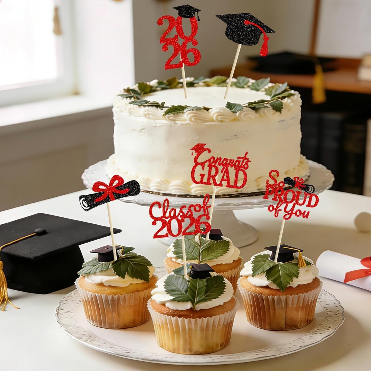 24 Pcs Graduation Cupcake Toppers 2026 - Congrats Grad Decorations Class of 2026, Pre-Assembled Black Gold Grad Cake Topper Centerpieces for Graduation Party Decoration Supplies Table Decor, 6 Styles