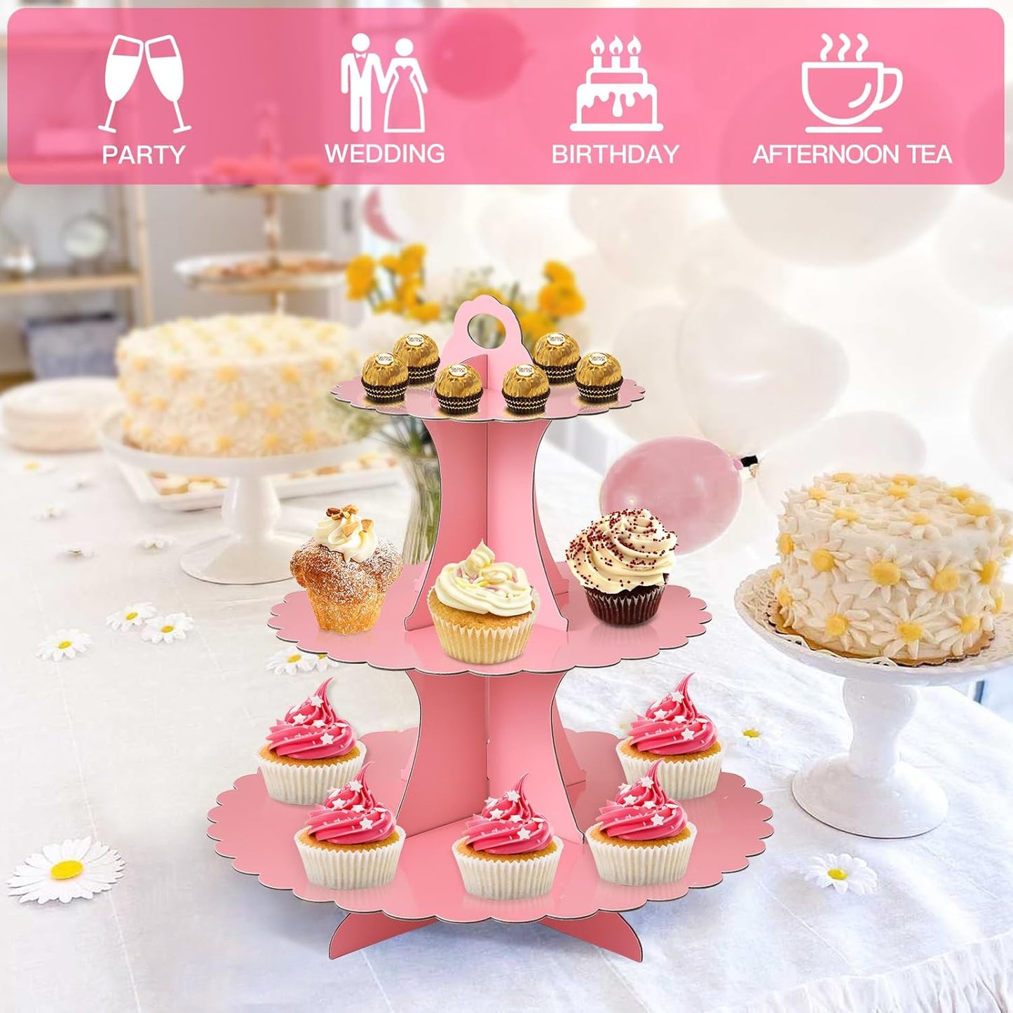 Soleebee 3-Tier Cupcake Stand, Cardboard Cupcake Tower, Dessert Cup Cake Stand Tower for Birthday Wedding Party Decoration, Cupcake Tier Stand 1 Set (Black)