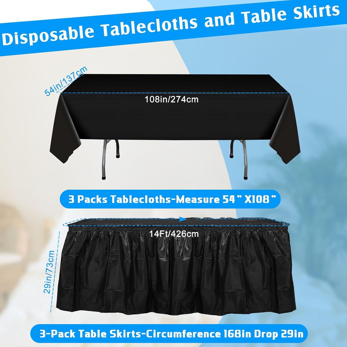 Oudain 6 Pcs Plastic Table Skirts and Stainproof Table Cloths 54 x 108 in Plastic Ruffle Tablecloth 168 x 29 Inches Disposable for Wedding Baby Shower Valentine Spring Easter Party(White)