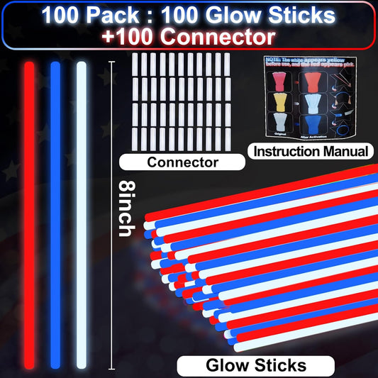 100 PCS 4th of July Glow Sticks Bulk with Connectors, Patriotic Red White Blue Glow in The Dark Stick, Light Up Bracelets Nacklaces for Kids Adults, 250th Anniversary USA Party Favor LED Accessories
