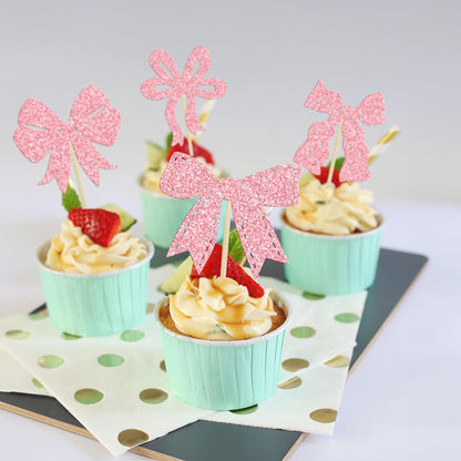 Ephlyn 24Pcs Pink Bow Cupcake Toppers Bow Birthday Cake Topper Girls Birthday Party Decorations Bowknot Cupcake Decorations for Bridal Wedding Themed Party Multi