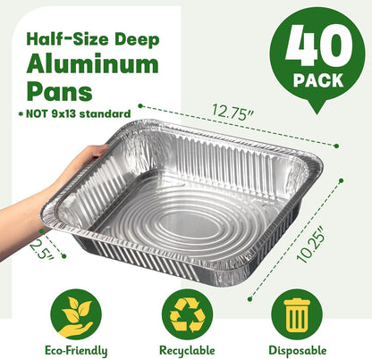 9x13 Aluminum Pans [40 Pack], Extra Heavy Duty Half Size Disposable Aluminum Foil Pans, Deep Baking Pans for Cooking, Roasting, Heating, and Steam Tables