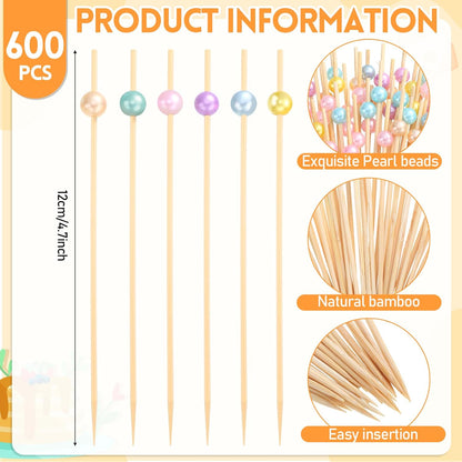 Reallnaive 600 Pcs Cocktail Pick Pearl Fancy Toothpick for Appetizer 4.7 Inch Long Skewer for Drink Fruit Food Bamboo Stick Wedding Bridal Shower Decoration Charcuterie Accessories (White)