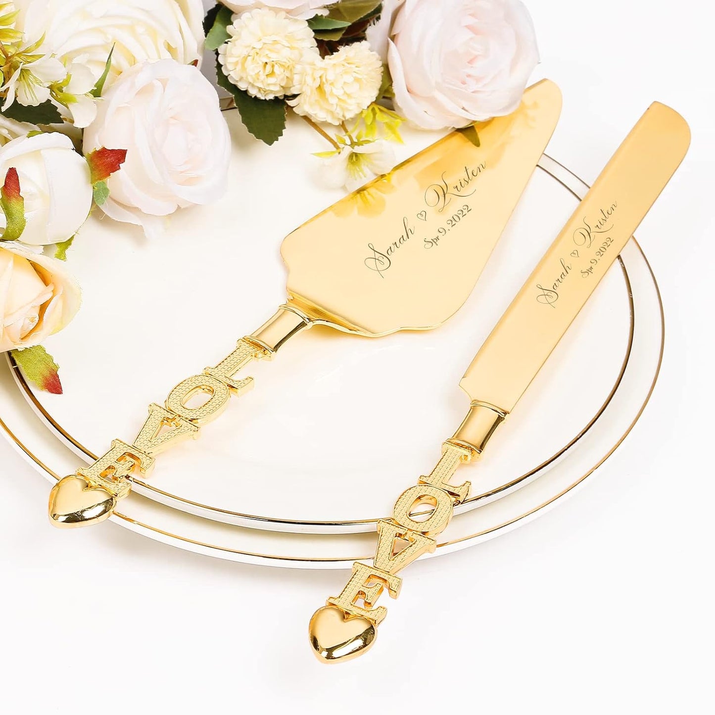 Wedding Cake Knife and Server Set, Personalized Gold Cake Cutting Set for Wedding, Engraved Classic Cake Knives Cutter Set, Pie Server, Birthday Bridal Quinceañera Gift (CUS-Flower)