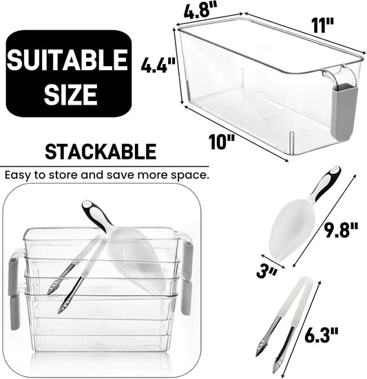 Pumtus 4 Pack Clear Ice Bins for Freezer, Plastic Ice Bucket with Flexible Scoop & Ice Tong, Pull Out Handle Ice Container, Kitchen Food Storage Organizer, Pantry Canister for Wine Beverage Fruit