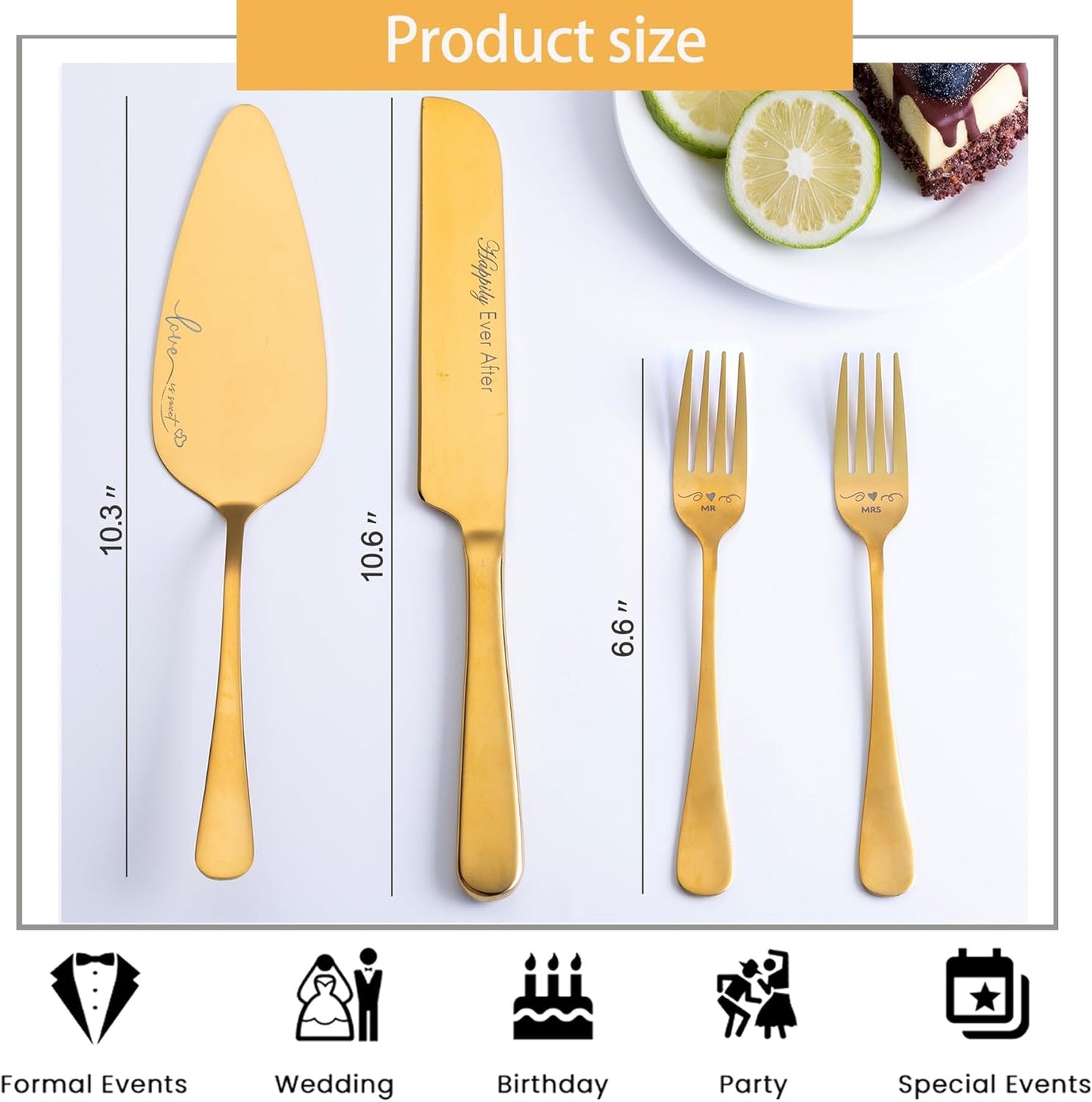 Wedding Cake Knife and Server Set with Forks, Engraved Cake Cutting Set for Wedding Anniversary Christmas Engagement（Gold