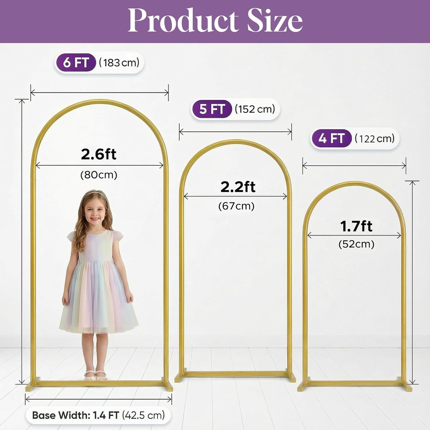 3 Pack Gold Metal Arch Backdrop Stand Set - 6FT, 5FT, 4FT Balloon Stand for Weddings Ceremony, Parties, and Baby Showers - Door Frame Backdrop Stand