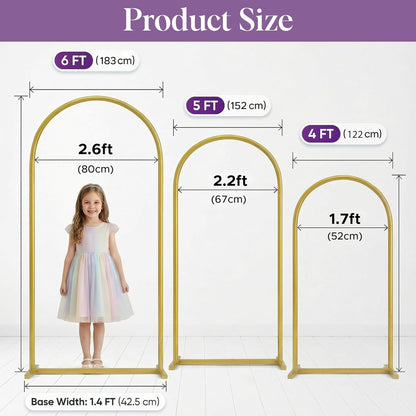 3 Pack Gold Metal Arch Backdrop Stand Set - 6FT, 5FT, 4FT Balloon Stand for Weddings Ceremony, Parties, and Baby Showers - Door Frame Backdrop Stand