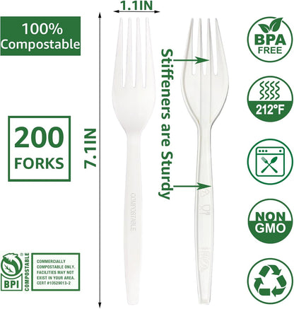 MISISIPI 150-Count Compostable Utensils Set - Heavy Duty BPI Certified, Plastic-Free Disposable Forks, Spoons, Knives for BBQ, Camping, Events, Plant-Based Cutlery