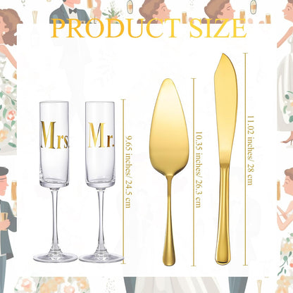 Boao 4 Pieces Wedding Toasting Flutes and Cake Server Set Wedding Reception Supplies Champagne Glasses Cake Knife Pie Server (Gold,Classic)