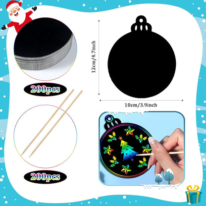 Yeaqee 80 Pcs Christmas Ornament Scratch Cards Christmas Scratch Paper Art with Drawing Sticks and Ribbons DIY Xmas Magic Paper for Winter Xmas Home Party DIY Activities (Ornament)