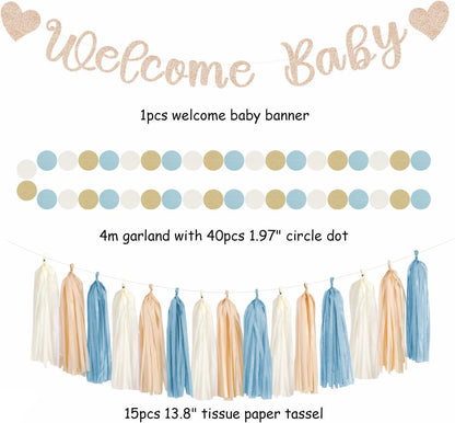 Champagne-Gold Beige Fall Baby-Shower Party-Decorations - 36pcs Welcome Home Banner Sign,Neutral Paper Lanterns,Girl Streamers Garland,Boho Hanging Tissue Pom Poms Flowers Fans Backdrop Decor Burgleda