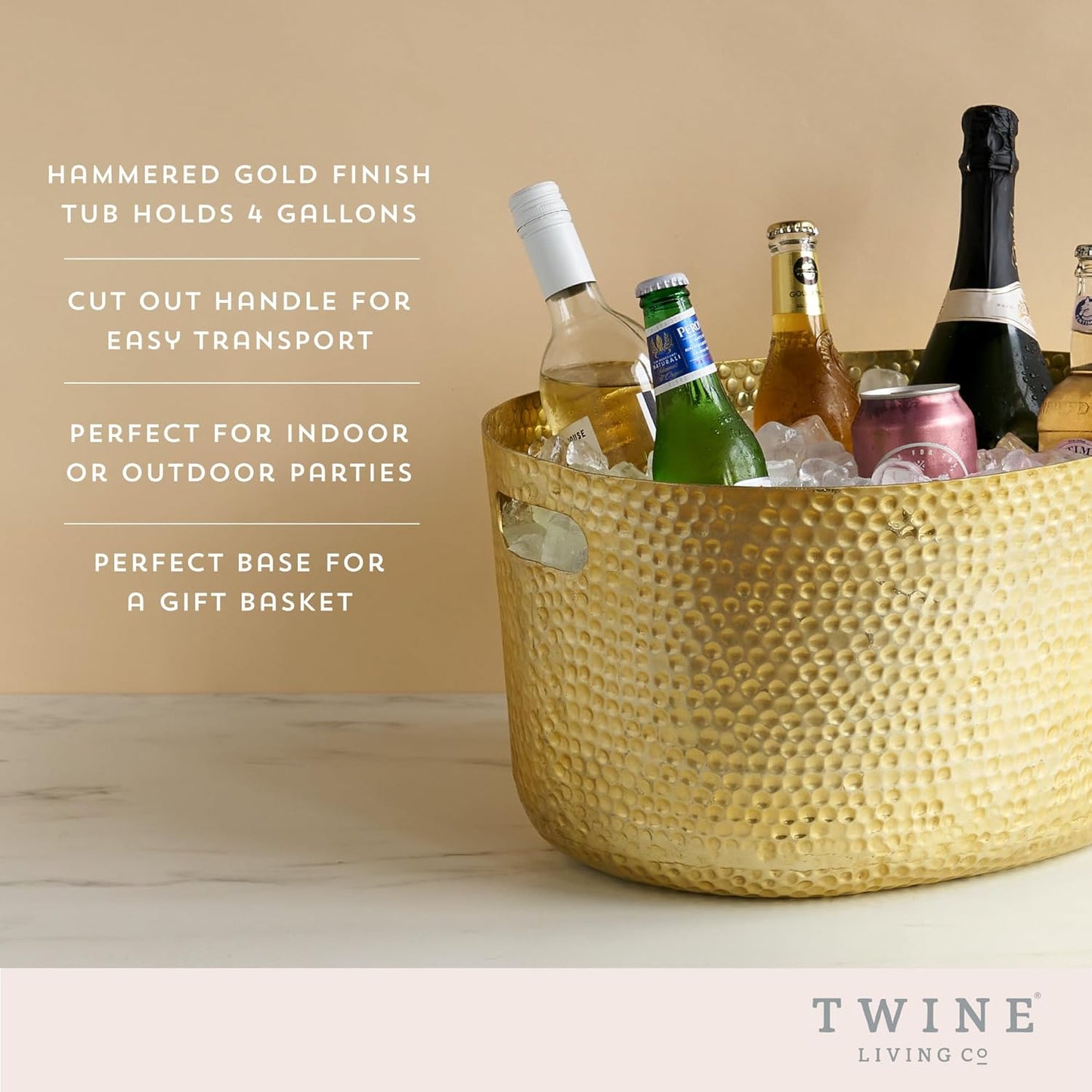 Twine Cheers Beverage Tub, Galvanized Tubs for Entertaining, Drink Buckets for Parties, Large Ice Tub and Gift Basket, Beer Buckets, Cream, 6.3 Gallons Set of 1