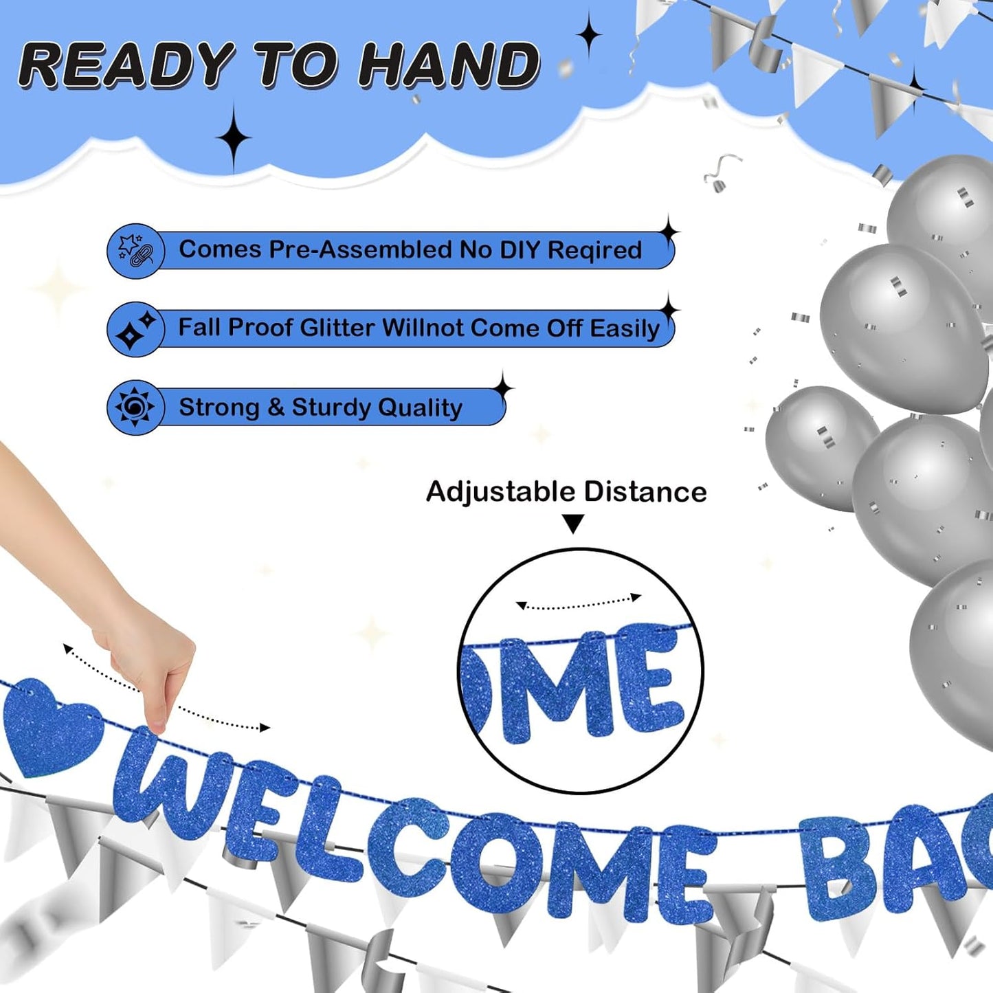 Fulmoon Pre Strung Welcome Back We Missed You So Much Banner, NO DIY, Glitter Welcome Home Celebration Decorations Family Gathering, Back to School, Military Homecoming Decoration(Dark Blue)