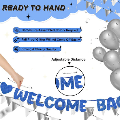 Fulmoon Pre Strung Welcome Back We Missed You So Much Banner, NO DIY, Glitter Welcome Home Celebration Decorations Family Gathering, Back to School, Military Homecoming Decoration(Dark Blue)
