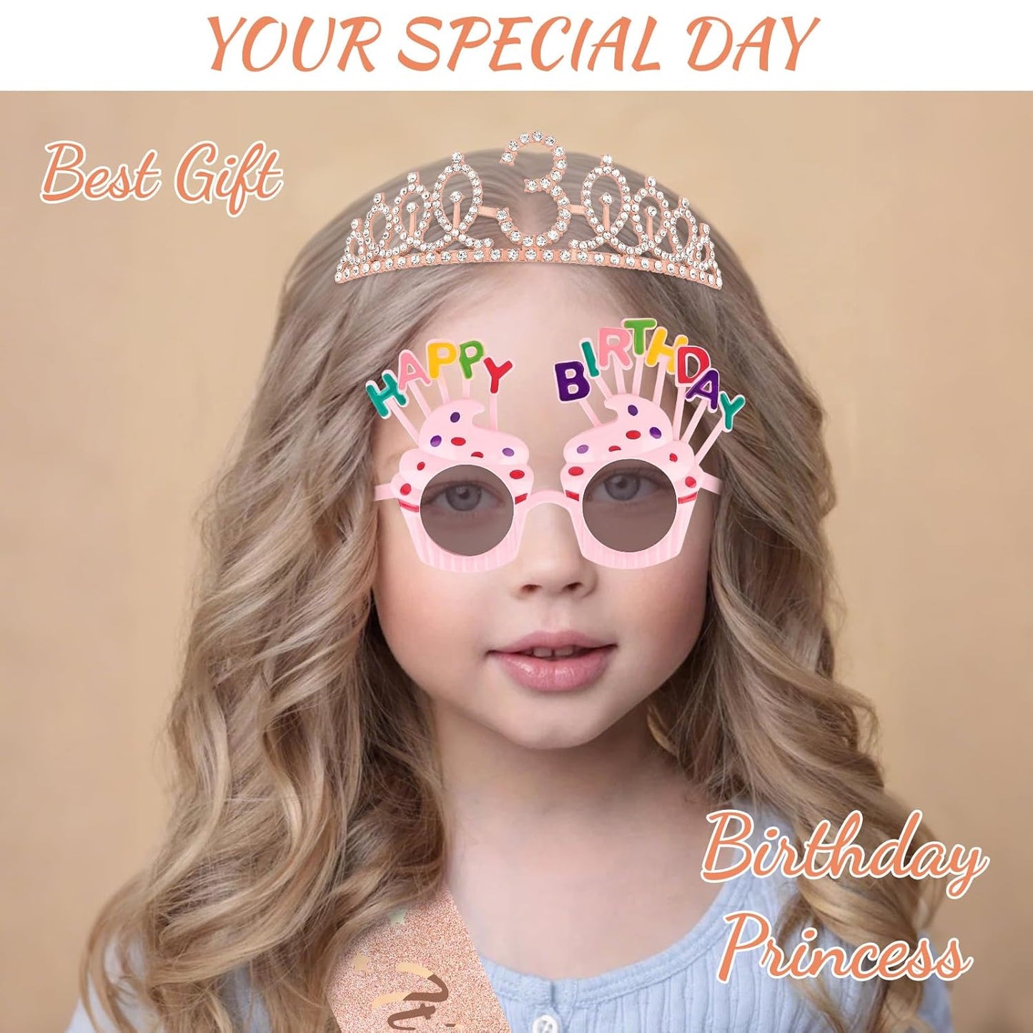 YARIEW 3rd Birthday Decorations, 3rd Glitter Purple Sash and Crown Kit with Happy Birthday Sunglasses, Tiara Princess Crown and Sash Party Outfit Accessory