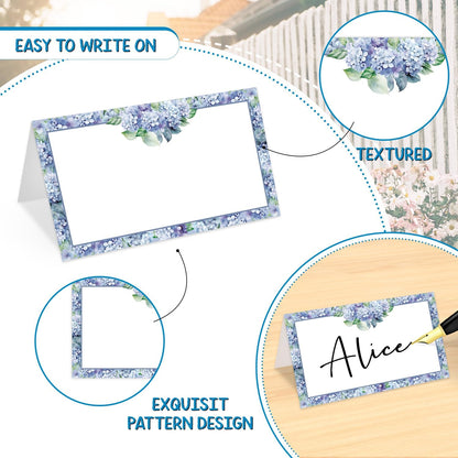 25 Pcs Hydrangea Floral Place Cards, Purple Blank Tent Name Cards for Food Buffet, Dinner Party, Wedding Reception, Bridal Shower Table Setting -06