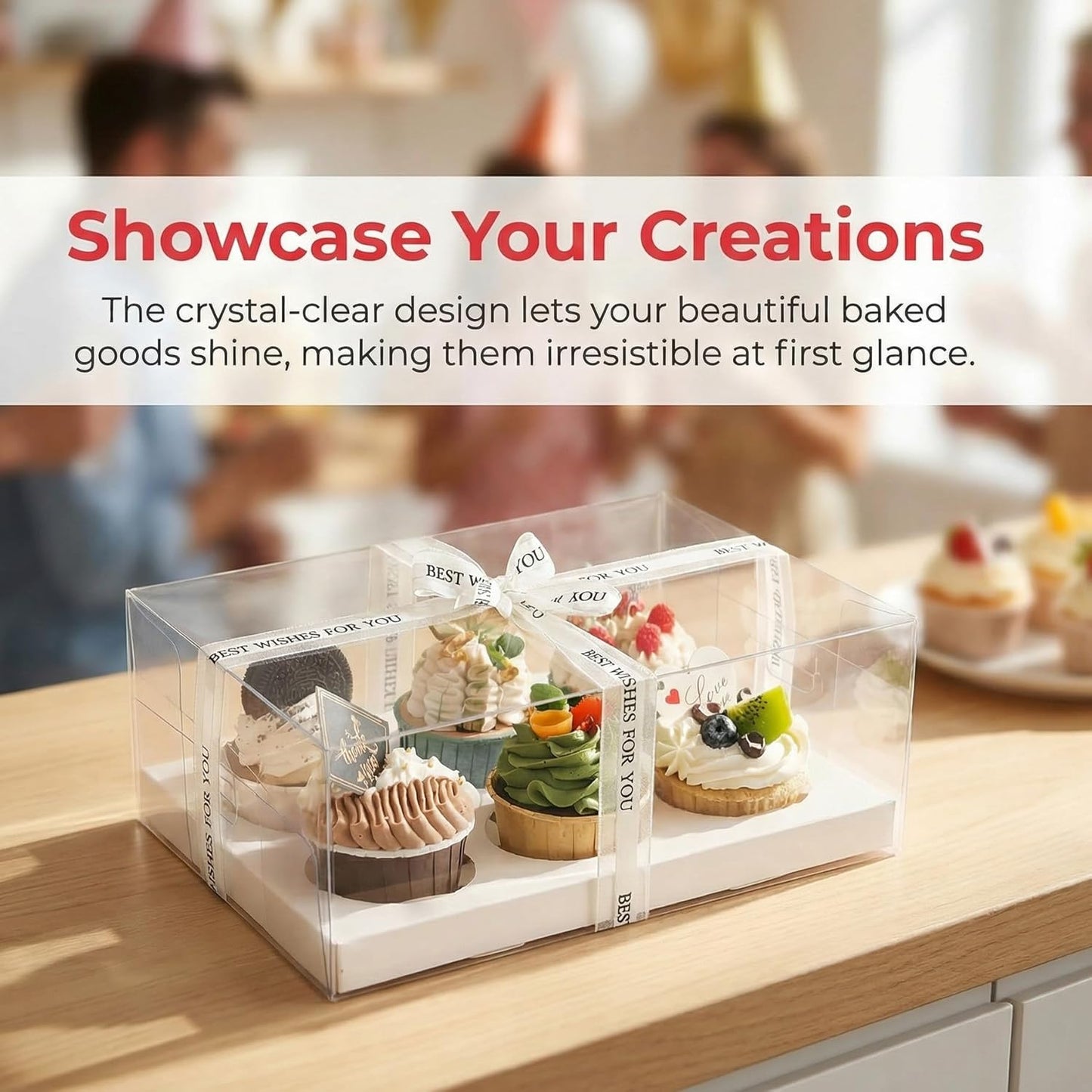 Cedilis 15 Pack Clear Cupcake Boxes, 6 Count Cupcake Containers with Gift Ribbon, Plastic Cupcake Carrier Holder for Treat Dessert Cookies Muffins Pastry Baby Shower Party
