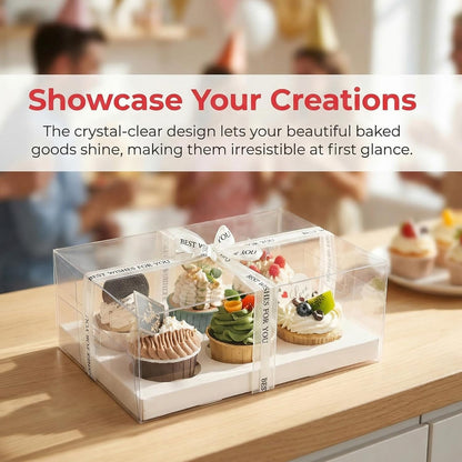 Cedilis 15 Pack Clear Cupcake Boxes, 6 Count Cupcake Containers with Gift Ribbon, Plastic Cupcake Carrier Holder for Treat Dessert Cookies Muffins Pastry Baby Shower Party