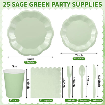 NatNarr 175 Pcs Sage Green Plates and Napkins Set, 25 Guest Sage Green Party Supplies Include Scalloped Paper Plate Napkin Cup Forks Knives Disposable Plastic Cutlery for Wedding Baby Shower Birthday
