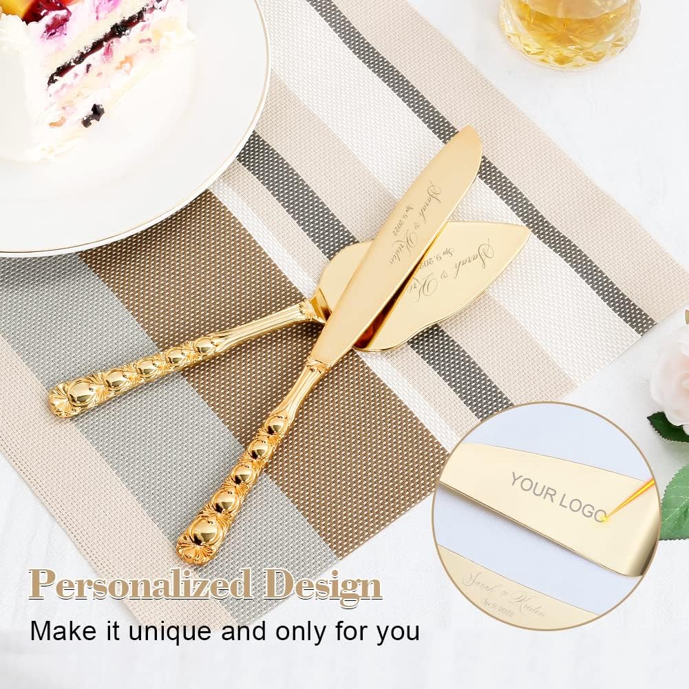 Wedding Cake Knife and Server Set, Personalized Gold Cake Cutting Set for Wedding, Engraved Classic Cake Knives Cutter Set, Pie Server, Birthday Bridal Quinceañera Gift (CUS-Flower)