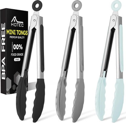 Hotec Mini Silicone Kitchen Tongs for Cooking - 7-Inch Small Serving Tongs with Silicone Tips, Set of 3 (Blue)